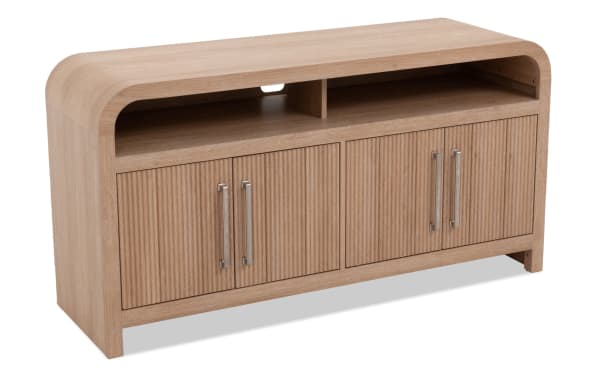 Cascade 50'' natural MDF transitional TV stand with ribbed cabinet doors, metal handles, open storage, and cord management. Fully assembled.
