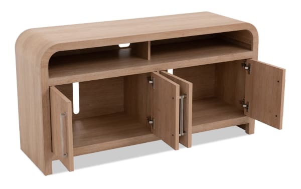 Cascade 50'' natural MDF transitional TV stand with curved edges, open shelves, and triple-door storage, featuring cord management openings.