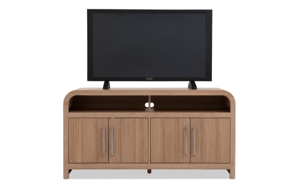 Cascade 50'' natural MDF transitional TV stand from Cascade Entertainment collection with storage cabinets, open shelf, and cord management.