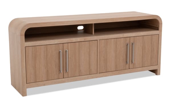 Cascade 60'' natural MDF transitional TV stand with fully assembled design, storage cabinets, open shelves, and cord management slots.