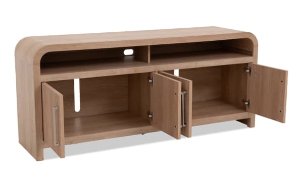 Cascade 60'' natural MDF transitional TV stand with open shelves, three storage cabinets, and cord management in Cascade Entertainment & Occasional collection.