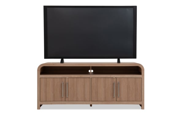 Cascade 60'' natural MDF TV stand in transitional style with four ribbed cabinet doors, open shelf, and cord management, from Cascade Entertainment collection.