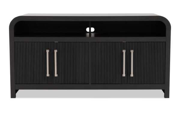 Cascade 50'' black MDF transitional TV stand with ribbed cabinet doors, silver handles, open shelf, and cord management from Cascade Entertainment collection.
