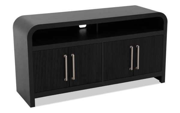Cascade 50'' black MDF transitional TV stand with fully assembled design, storage cabinets, cord management, and sleek rounded edges.