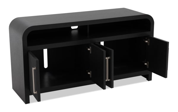 Cascade 50" black MDF transitional TV stand with fully assembled design, open shelves, three storage cabinets, and cord management slots.