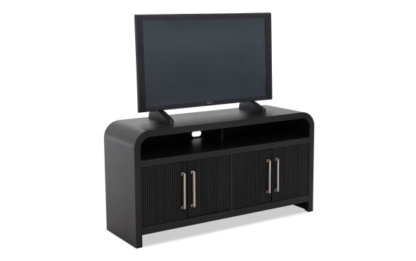 Cascade 50'' black MDF transitional TV stand from Cascade Entertainment & Occasional collection, fully assembled with storage cabinets and cord management.