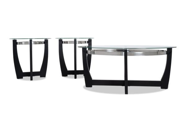 Mirage Black Oval Coffee & 2 End Table Set from Mirage Entertainment & Occasional collection, featuring tempered glass tops, black birch veneer curved legs, and contemporary design.