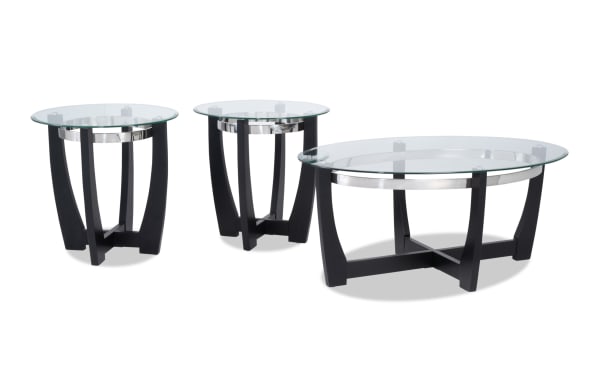 Mirage Black Oval Coffee & 2 End Table Set with tempered glass tops, black birch veneer curved legs, contemporary style from Mirage Entertainment & Occasional collection.