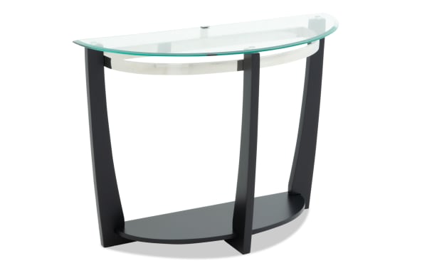 Modern black wood console table with a curved clear glass top and a lower black wood shelf, designed for entryway or living room use.