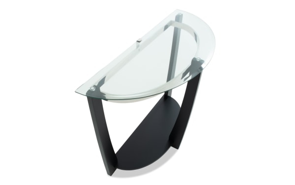 Modern half-moon console table with clear tempered glass top and black wooden base, ideal for entryway or living room decor.