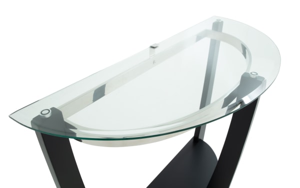 Modern glass-top console table with semi-circular clear tempered glass surface, black metal legs, and lower black shelf for storage or display.