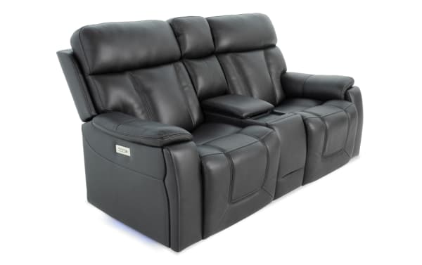 Showcase Black Leather 77'' Transitional Power Reclining Console Loveseat with immersive audio, memory foam, USB ports, cup holders, and LED lighting.