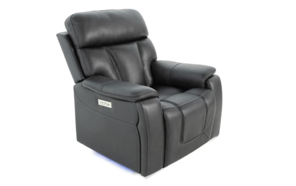 Showcase Black Leather Immersive Audio Power Recliner with transitional style, full leather upholstery, padded armrests, and ergonomic design.