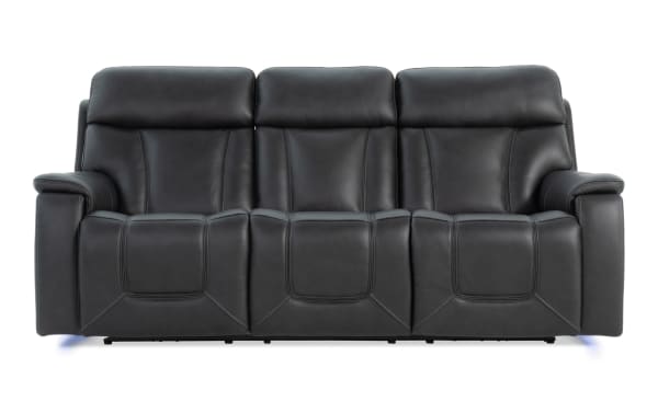 Showcase Black Leather 89'' Immersive Audio Power Reclining Sofa with transitional style, full leather upholstery, cup holders, and LED lighting.