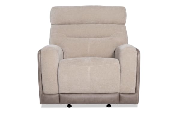 Transitional Phantom Beige Manual Gliding Recliner with plush polyester fabric upholstery and cushioned armrests, featuring Bob-O-Pedic Memory Foam comfort.