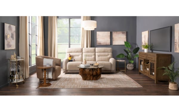 Transitional Phantom Beige Manual Gliding Recliner with plush polyester fabric upholstery, beige color, and memory foam cushioning in a modern living room setting.