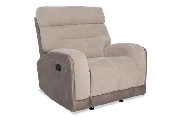 Transitional Phantom Beige Manual Gliding Recliner with plush polyester fabric upholstery, manual recline lever, and memory foam cushioning.