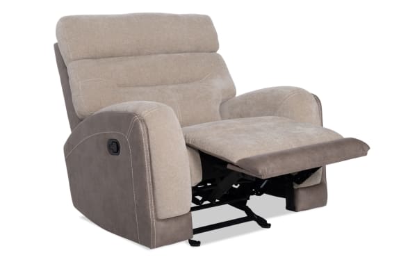 Transitional Phantom Beige Manual Gliding Recliner with plush polyester fabric upholstery, manual recline lever, and cushioned memory foam seat.