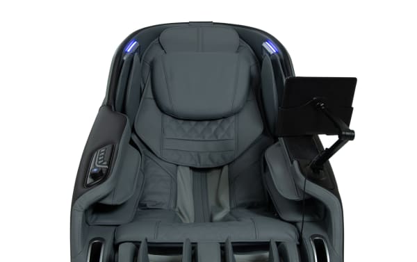 Stargazer Black & Gray transitional massage recliner in black faux leather with 3D massage, LED lights, Bluetooth speakers, and adjustable tablet arm.