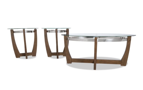 Mirage Brown Oval Coffee & 2 End Table Set with tempered glass tops, brown birch veneer curved legs, contemporary style from Mirage Entertainment & Occasional collection.