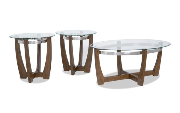 Mirage Brown Oval Coffee & 2 End Table Set with tempered glass tops, curved birch veneer legs in brown, contemporary style from Mirage Entertainment & Occasional collection.