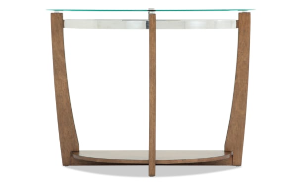 Round glass top side table with wooden curved legs and a lower wooden shelf, featuring a modern design and natural wood finish.
