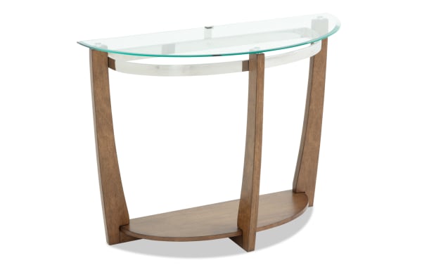 Contemporary console table with curved clear glass top, walnut-finished wooden frame, and lower wooden shelf for storage or display.
