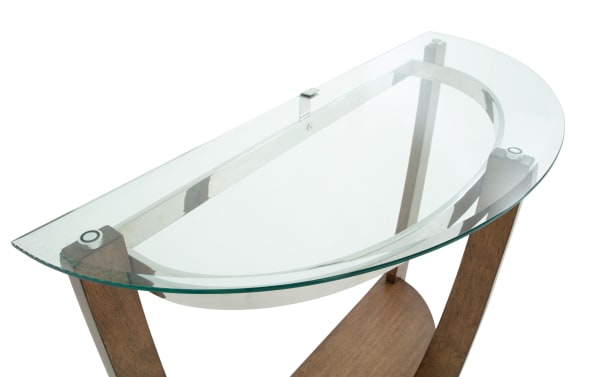 Modern glass top console table with semi-circular clear tempered glass surface, wooden legs, and metal frame support.