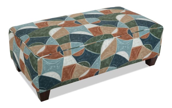 Brynn Green Ottoman in transitional style with multicolor geometric pattern fabric upholstery in polyester, cushioned for cozy seating or footrest.