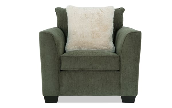 Brynn Green Chair in soft green polyester fabric, transitional style with plush memory foam cushion and a fluffy cream accent pillow.