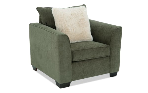 Brynn Green Chair in soft green polyester fabric with plush Bob-O-Pedic Memory Foam cushion, transitional style, from Brynn collection.