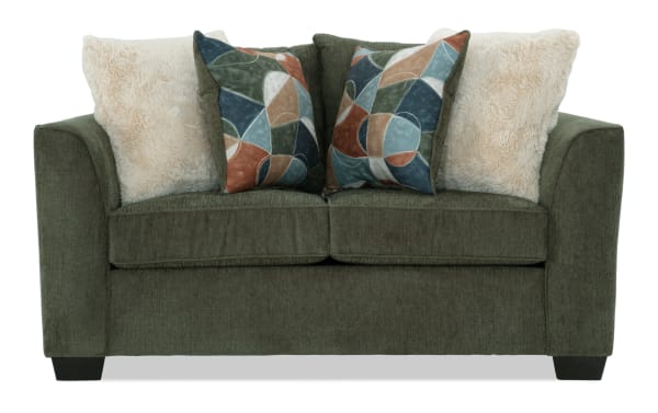 Brynn Green 64'' Loveseat in green polyester fabric with Bob-O-Pedic Memory Foam cushions, transitional style, and four plush accent pillows.