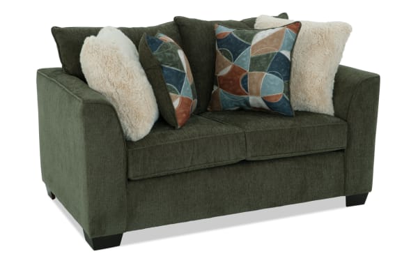 Brynn Green 64'' Loveseat in soft green polyester fabric with Bob-O-Pedic Memory Foam cushions, transitional style, and multicolor geometric and plush accent pillows.