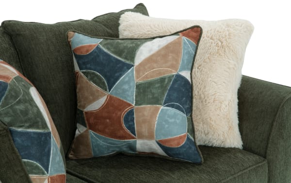 Brynn Green 64'' Loveseat in soft green polyester fabric with Bob-O-Pedic Memory Foam cushions, featuring transitional style and multicolor abstract and cream faux fur accent pillows.