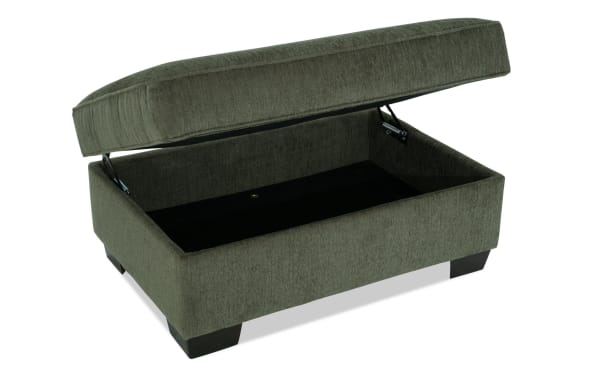 Brynn Green Storage Ottoman in soft green polyester fabric with hinged top cushion and spacious interior storage, from the Brynn transitional collection.