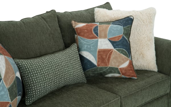 Brynn Green 88'' transitional sofa in soft green polyester fabric featuring plush Bob-O-Pedic Memory Foam cushions and assorted decorative accent pillows.