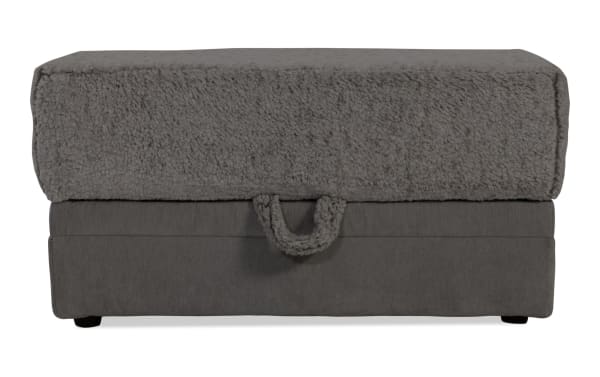 Lynx Gray Storage Ottoman in transitional style, plush gray polyester fabric with soft texture, hidden storage compartment, and cozy memory foam top.