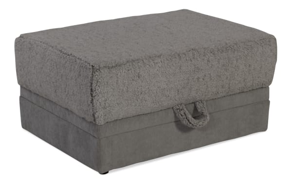 Lynx Gray Storage Ottoman in plush gray polyester fabric with transitional style, soft Bob-O-Pedic Memory Foam top, and hidden storage compartment.