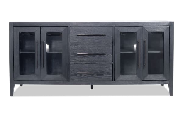 Villa 70'' black transitional TV stand with MDF and glass construction, featuring four glass-paneled cabinets, three central drawers, and cord management.