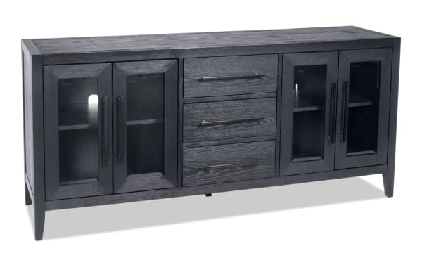 Villa 70'' black transitional TV stand with MDF and glass construction, featuring four glass-front cabinets, three drawers, and cord management.
