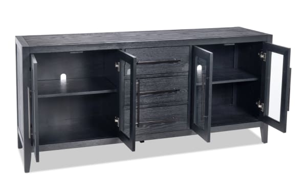 Villa 70'' black transitional TV stand with MDF and glass, featuring three center drawers, two side cabinets with glass doors, and cord management.