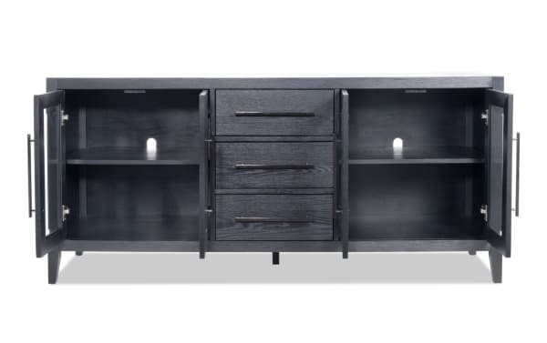 Villa 70'' black transitional TV stand with MDF and glass construction, featuring three center drawers, two side cabinets with shelves, and cord management.