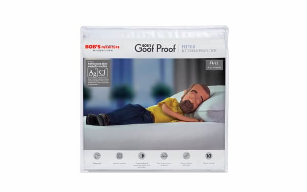 Bob’s Goof Proof Fitted Full Mattress Protector in white nylon with antimicrobial cotton terry cloth, waterproof, elasticized fitted style, wick-away moisture treatment, and machine washable features.