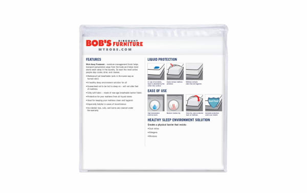 Bob’s Discount Furniture Fitted Full Mattress Protector in white nylon with breathable cotton terry cloth surface, waterproof, elasticized fitted style, wick-away moisture treatment, stain and dust mite protection, easy to clean and use.