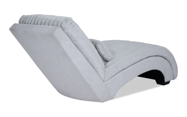 Sofia Gray Chaise in gray polyester fabric with channel tufted back cushions, faux fur pillow, and Bob-O-Pedic memory foam, transitional style.