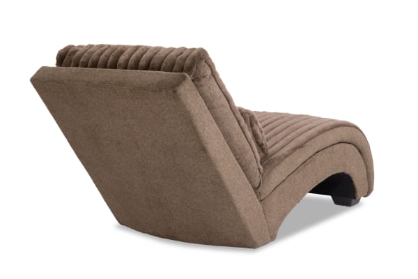 Modern brown fabric chaise lounge chair with ribbed cushioning and curved design, ideal for stylish living room or lounge seating.