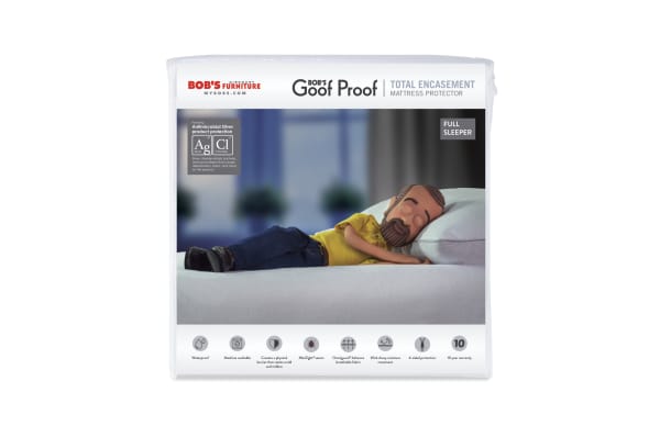 Sleeper Total Encasement Full Mattress Protector by Bob’s Goof Proof, white nylon with antimicrobial silver, waterproof, machine washable, mite-tight seams, OmniGuard® breathable fabric, wick away moisture, 6-sided protection, zipper closure, 10-year warranty.