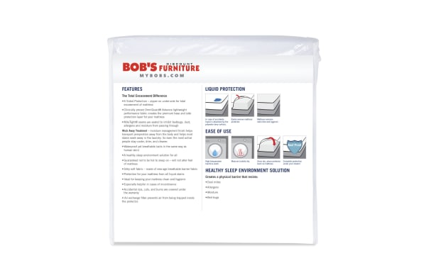 Sleeper Total Encasement Full Mattress Protector by Bob’s Furniture, white nylon fabric with six-sided zipper, antimicrobial, waterproof, breathable OmniGuard® Advance barrier, wick-away moisture treatment, protects against stains, bed bugs, dust mites, mold, mildew, and allergens.