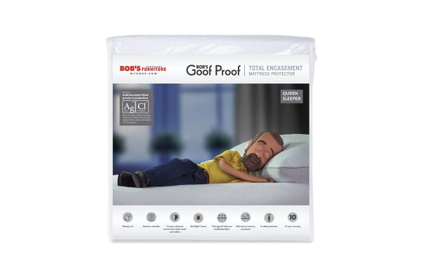 Sleeper Total Encasement Queen Mattress Protector by Bob’s Discount Furniture in white nylon. Waterproof, antimicrobial, breathable OmniGuard® fabric with six-sided zipper encasement protects against spills, bedwetting, mold, mildew, bed bugs, and dust mites. Features wick-away moisture treatment, machine washable design, and 10-year warranty.