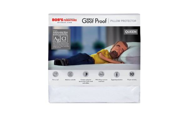 Bob’s Furniture Queen Pillow Protector in white nylon with antimicrobial silver protection, waterproof, zippered encasement, and breathable cotton terry surface for stain and dust mite resistance.